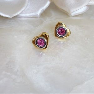 Gold Silver Tone Faux Pink Sapphire Heart Earrings